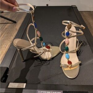 Elegant Gold Strappy Heels with Multicolor Accents